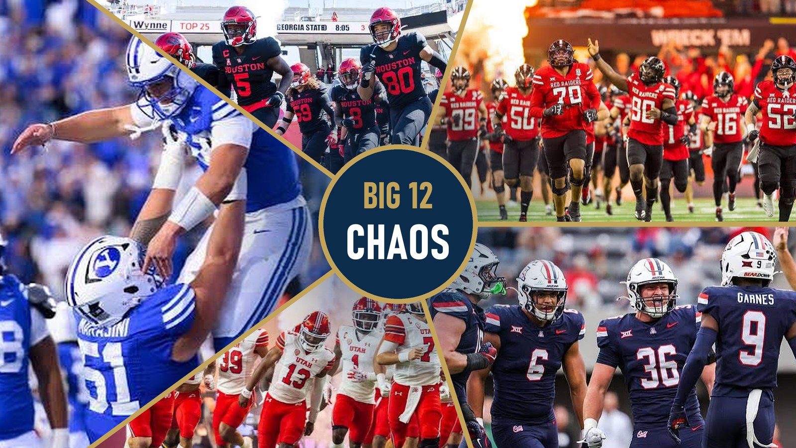 Five Big 12 contenders split around a BIG 12 CHAOS center circle: Texas Tech, Arizona, Utah, BYU and Houston players