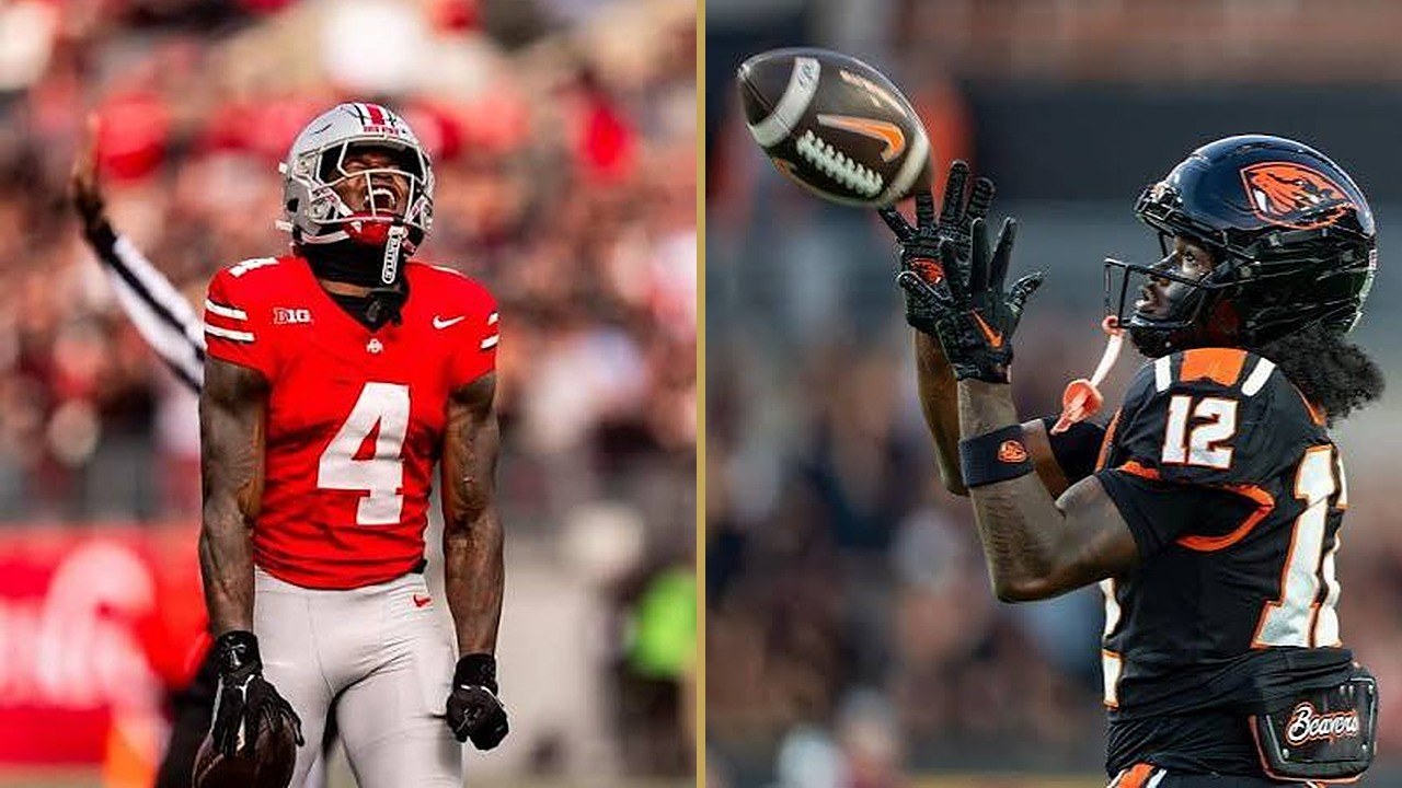Ohio State receiver Jeremiah Smith celebrating in red, side by side with Oregon State receiver Jesse Legree catching a pass in black