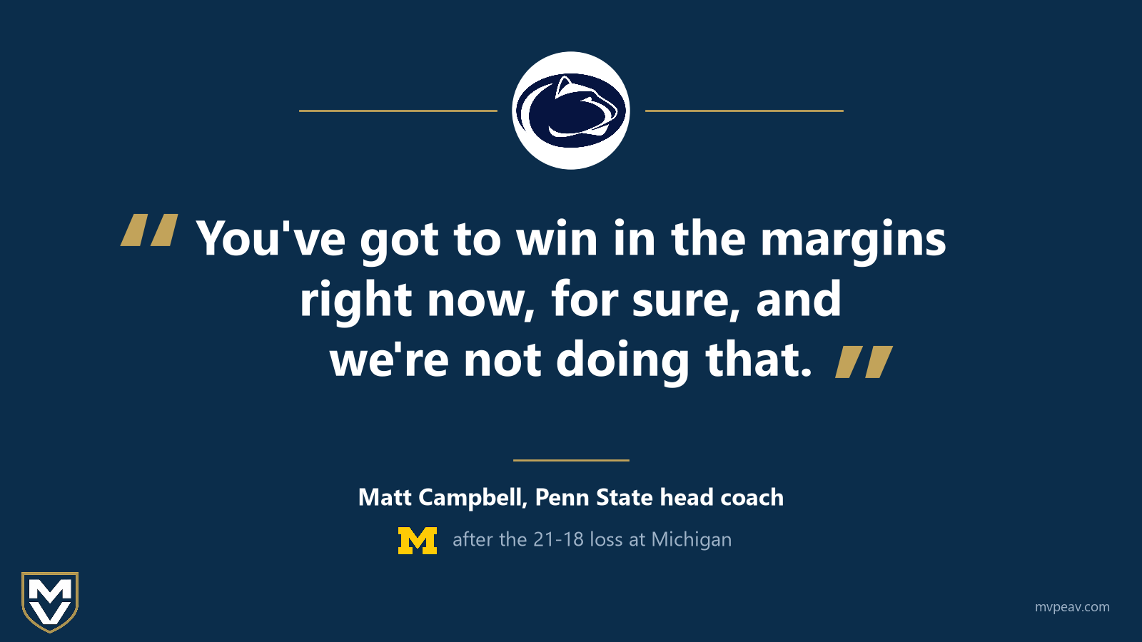 Quote card on navy with the Penn State logo: Matt Campbell, after the 21-18 loss at Michigan, says ”You've got to win in the margins right now, for sure, and we're not doing that.”