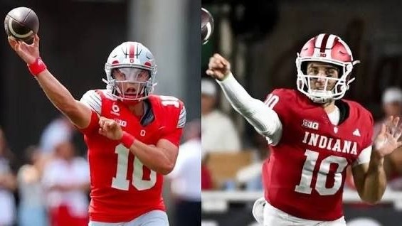 The Ohio State and Indiana quarterbacks, both in No. 10, throwing side by side