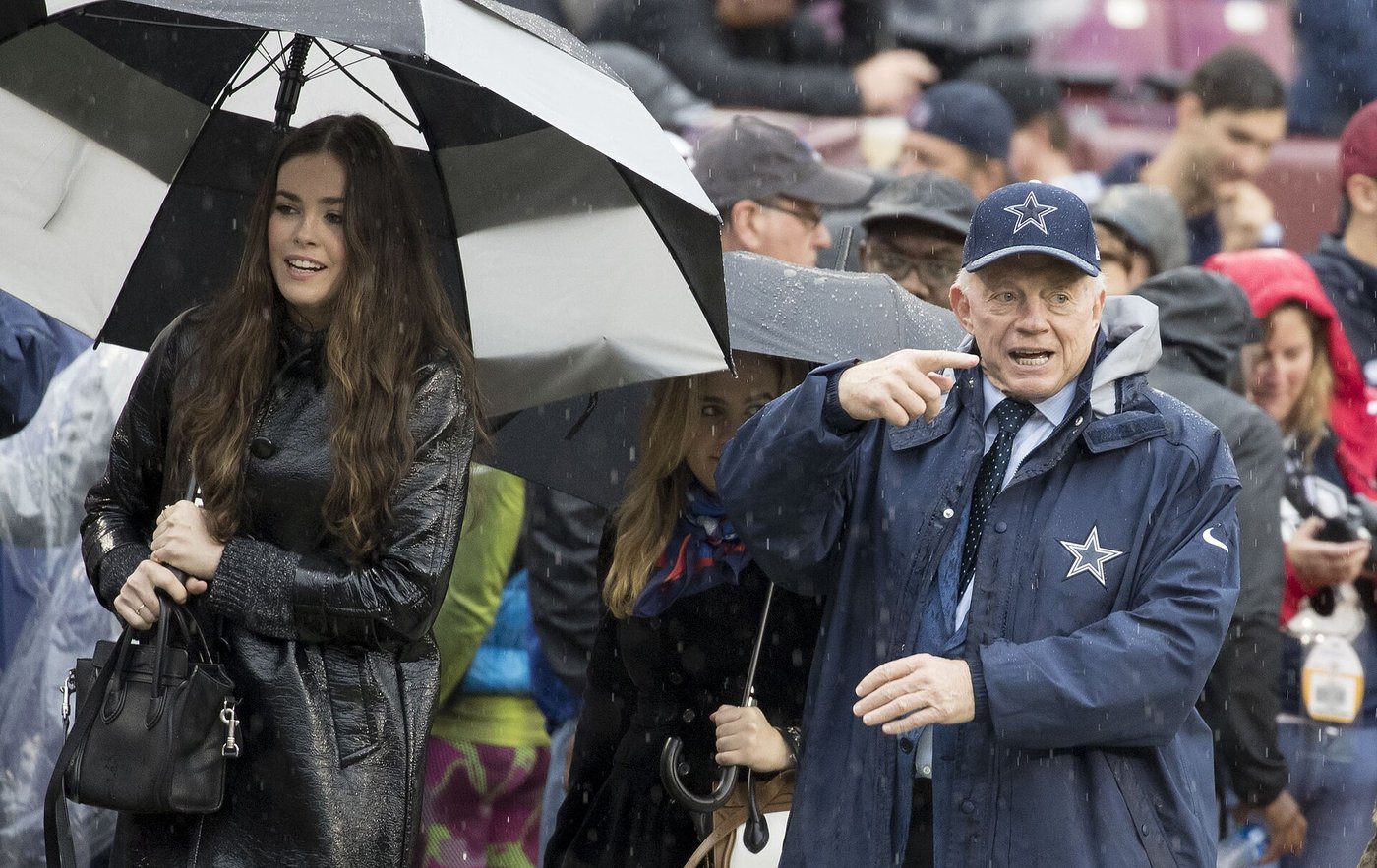 Cowboys owner Jerry Jones in a Cowboys jacket and cap on the field before a game at FedEx Field