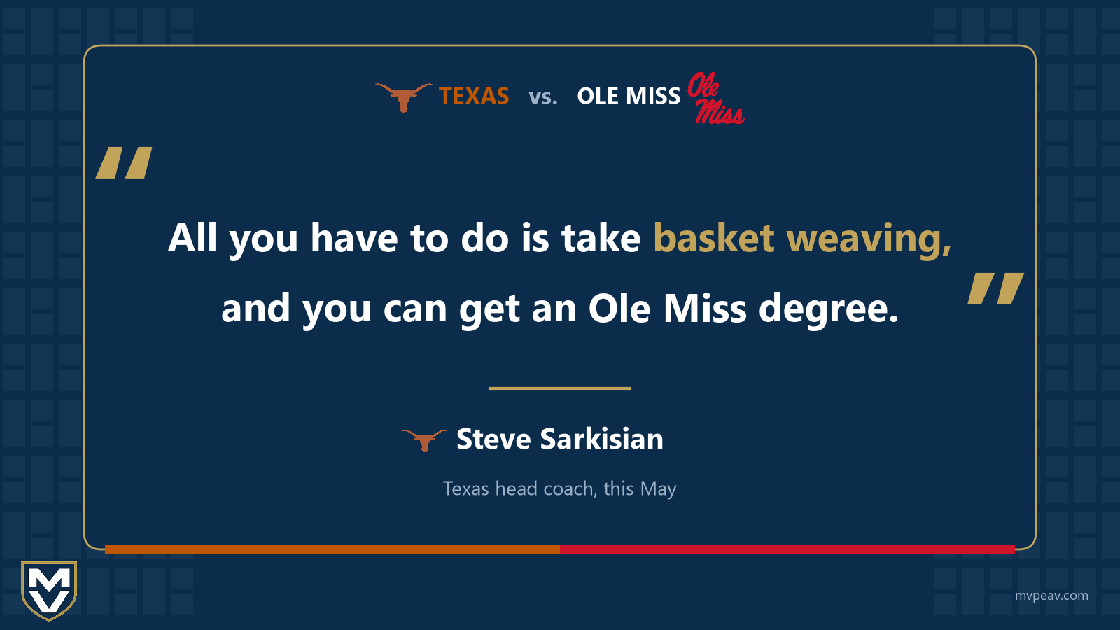 Quote card with Texas and Ole Miss logos: Steve Sarkisian's line ”All you have to do is take basket weaving, and you can get an Ole Miss degree,” centered in gold quote marks.